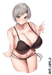 Rule 34 | 1girl, alternate costume, black bra, black panties, blush, bra, breasts, chitose (kancolle), cleavage, commentary request, cowboy shot, cropped legs, grey eyes, grey hair, headband, highres, huge breasts, kantai collection, looking at viewer, medium hair, navel, one-hour drawing challenge, open mouth, panties, simple background, smile, solo, tf cafe, twitter username, underwear, underwear only, white background