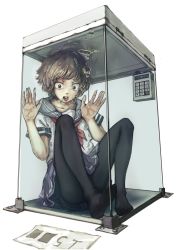 Rule 34 | 1girl, asphyxiation, bad id, bad pixiv id, black pantyhose, box, bubble, drowning, full body, hand on glass, highres, in box, in container, iuui, keypad, original, pantyhose, paper, ribbon, school uniform, serafuku, short hair, simple background, sitting, skirt, solo, underwater, white background, wide-eyed