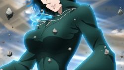 Rule 34 | 1girl, animated, animated gif, arms up, bouncing breasts, breasts, close-up, collared dress, dress, floating, fubuki (one-punch man), green dress, green hair, large breasts, one-punch man, screencap, short hair
