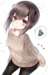 Rule 34 | 10s, 1girl, blush, breasts, brown eyes, brown hair, check commentary, commentary request, eyebrows, eyes visible through hair, hair between eyes, headgear, kantai collection, looking at viewer, matching hair/eyes, medium breasts, neku (neku draw), pantyhose, ribbed sweater, short hair, simple background, sleeves past wrists, solo, spoken squiggle, squiggle, sweater, taihou (kancolle), thighband pantyhose, white background
