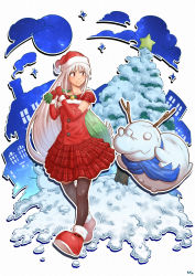 Rule 34 | 04sora40, 1girl, absurdres, bag, bell, black thighhighs, blue scarf, building, christmas, christmas tree, elbow gloves, gloves, hat, highres, huge filesize, jingle bell, moon, original, outdoors, over shoulder, red eyes, red footwear, red gloves, red headwear, red skirt, santa hat, scarf, skirt, snow, star (symbol), thighhighs, white hair, winter