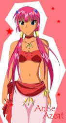 Rule 34 | 00s, 1girl, anise azeat, bad anatomy, bandeau, blue eyes, broccoli (company), galaxy angel, galaxy angel rune, jewelry, long hair, midriff, necklace, pink hair, poorly drawn, red hair, sash, solo, strapless, tan, tube top, twintails