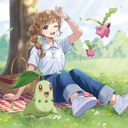 Rule 34 | 1girl, ;d, absurdres, arm up, blanket, blue eyes, blurry, blurry background, character print, checkered blanket, chikorita, creatures (company), denim, flower, flying, game freak, gen 2 pokemon, grass, hair ornament, hairclip, highres, hoppip, jeans, light brown hair, light rays, long hair, merchandise, morikura en, multi-tied hair, nintendo, official art, one eye closed, open mouth, outdoors, pants, picnic, picnic basket, pokemon, pokemon (creature), polo shirt, ponytail, shading eyes, shirt, shoes, short sleeves, sitting, sky, smile, sneakers, tree, watch, white footwear, white shirt, wristwatch