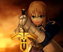 Rule 34 | 1girl, ahoge, armor, armored dress, artoria pendragon (all), artoria pendragon (fate), blonde hair, chietori, dress, excalibur (fate/stay night), fate/stay night, fate (series), gauntlets, gradient background, green eyes, saber (fate), solo, sunset, tears