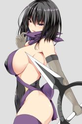 Rule 34 | 1girl, ar (lover boy), bandana, bare shoulders, black hair, breasts, commentary request, covered erect nipples, elbow gloves, from side, gloves, hair between eyes, highres, holding, holding weapon, large breasts, original, parted lips, purple bandana, purple eyes, short hair, sideboob, solo, thighhighs, weapon