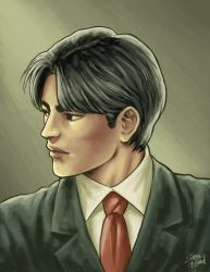 Rule 34 | 1boy, absurdres, black hair, brown eyes, chen gui zhang, collared shirt, formal, grey jacket, highres, jacket, lips, looking away, parted bangs, parted hair, portrait, red tie, shenmue, shenmue i, shirt, sideburns, signature, simple background, sliverofsand, suit, thick eyebrows, white shirt, yellow background
