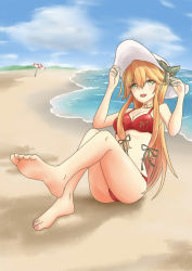 Rule 34 | 1girl, aurelia (shironeko project), barefoot, beach, bikini, blonde hair, blush, breasts, choker, cleavage, feet, green eyes, hat, highres, leg up, long hair, looking at viewer, parted lips, sand, shironeko project, sitting, soles, swimsuit, toes