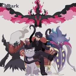 1boy alolan_form alolan_persian ascot black_dress black_hair black_pants black_vest boyfriend_to_death creatures_(company) crossed_legs cup darkrai demon_boy dress facial_hair full_body galarian_form galarian_moltres game_freak gen_2_pokemon gen_4_pokemon gen_6_pokemon gen_7_pokemon gen_8_pokemon goatee grey_background highres holding holding_cup legendary_pokemon leviathan_cross long_sleeves malamar male_focus mature_male murkrow mythical_pokemon n0vaca1ne nintendo pants pokemon pokemon_(creature) ponytail rire_(boyfriend_to_death) sunglasses tentacles vest