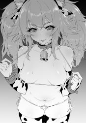 Rule 34 | 1girl, :p, absurdres, animal ears, animal print, bare shoulders, bell, bikini, blush, breasts, cat ears, collar, covered erect nipples, cow ears, cow print, dawalixi, elbow gloves, fake animal ears, female pubic hair, girls&#039; frontline, gloves, gradient background, greyscale, highres, medium breasts, monochrome, navel, neck bell, nipples, pa-15 (girls&#039; frontline), pubic hair, pubic hair peek, smile, solo, sweat, swimsuit, thighhighs, tongue, tongue out, twintails