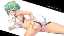 Rule 34 | 10s, 1girl, aquarion (series), aquarion evol, ass, bare shoulders, blush, breasts, cleavage cutout, clothing cutout, covered erect nipples, hair ribbon, highres, iroha (unyun), looking at viewer, lying, midriff, on stomach, purple eyes, revealing clothes, ribbon, short hair, solo, wrist cuffs, zessica wong