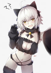 Rule 34 | 1girl, absurdres, ahoge, bee doushi, black panties, black thighhighs, blush, breasts, cat cutout, cat lingerie, cleavage, cleavage cutout, clothing cutout, fate/grand order, fate (series), highres, jeanne d&#039;arc (fate), jeanne d&#039;arc alter (avenger) (fate), jeanne d&#039;arc alter (fate), large breasts, looking at viewer, meme attire, navel, neck bell, open mouth, panties, short hair, silver hair, simple background, solo, thighhighs, underwear, yellow eyes