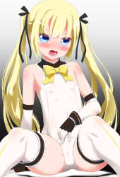 Rule 34 | 1girl, bad id, bad pixiv id, bare shoulders, blonde hair, blue eyes, blush, crying, crying with eyes open, dead or alive, dead or alive 5, detached sleeves, flat chest, frilled thighhighs, frills, full-face blush, gloves, hair ribbon, highres, leotard, marie rose, noto (soranoto), ribbon, saliva, solo, spread legs, tears, thighhighs, twintails, white gloves, white thighhighs