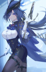 Rule 34 | 1girl, absurdres, ascot, aster (teslavision), black corset, black pantyhose, black skirt, blue ascot, blue cape, blue hair, blue hat, breasts, cape, clorinde (genshin impact), closed mouth, commentary request, corset, dark blue hair, drop earrings, earrings, elbow gloves, epaulettes, fold-over gloves, framed breasts, genshin impact, gloves, gun, hair between eyes, hat, hat feather, high-waist skirt, highres, holding, holding gun, holding sword, holding weapon, jewelry, large breasts, long hair, long hair between eyes, looking at viewer, low ponytail, multicolored hair, pantyhose, pencil skirt, purple eyes, shirt, simple background, skirt, solo, streaked hair, sword, taut clothes, taut shirt, thigh strap, tricorne, very long hair, vision (genshin impact), weapon, white gloves, white shirt