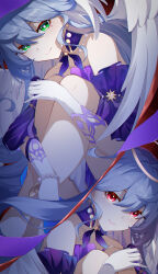 Rule 34 | 1girl, absurdres, angel wings, bare shoulders, bead bracelet, beads, blue hair, bracelet, chinese commentary, collar, commentary request, cup, detached collar, detached sleeves, drinking glass, earrings, evil smile, gloves, green eyes, hair between eyes, halo, head wings, highres, holding, holding cup, honkai: star rail, honkai (series), jewel under eye, jewelry, looking ahead, multiple views, purple collar, purple sleeves, pursed lips, red eyes, robin (honkai: star rail), sitting, smile, white gloves, wings, ziluolan jia de mao