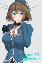 Rule 34 | 1girl, ascot, atago (kancolle), atago (kancolle) (cosplay), beret, black gloves, blue eyes, blue hat, brown hair, cosplay, dated, gloves, grey background, hair ornament, hairclip, hat, headgear, highres, kantai collection, looking at viewer, maya (kancolle), military, military uniform, nitamako (sakamalh), short hair, simple background, solo, twitter username, uniform, upper body, white ascot, x hair ornament