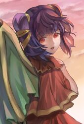 Rule 34 | 1girl, blunt bangs, bracelet, capelet, cloud, coat, dragon girl, dragon wings, fire emblem, fire emblem: the sacred stones, gold trim, green wings, hair tie, hand on own chest, hand up, highres, jewelry, long hair, looking at viewer, looking back, mai yukari, multi-tied hair, myrrh (fire emblem), nintendo, open mouth, pale skin, purple hair, red capelet, red coat, red eyes, smile, solo, standing, sunset, twintails, upper body, wings, yellow wings