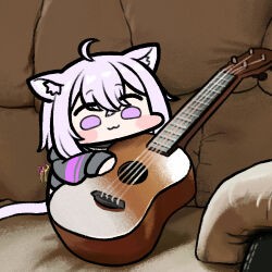 Rule 34 | 1girl, :3, animal ear fluff, animal ears, blush stickers, cat ears, cat girl, cat tail, couch, full body, grey hoodie, hair between eyes, holding, holding instrument, hololive, hood, hood down, hoodie, instrument, jazz jack, long sleeves, lowres, medium hair, nekomata okayu, on couch, purple eyes, purple hair, signature, solid eyes, solo, tail, ukulele, virtual youtuber, wide face
