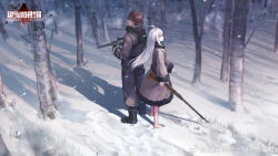 Rule 34 | ahoge, artist request, bolt action, gun, highres, holding, holding weapon, jefuty (bakery girl), mendo (bakery girl), mosin-nagant, no shoes, official art, outdoors, reverse collapse (series), rifle, snow, snowing, tree, weapon, white hair