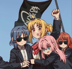 1other 2024_attempted_assassination_of_donald_trump 4girls @_@ ahoge arm_up black_jacket black_suit blonde_hair blood blood_on_ears blood_on_face blue_eyes blue_hair blue_sky bocchi_the_rock! bow braid clenched_hand day detached_ahoge flag formal gotoh_hitori hair_ornament hairclip hand_tattoo highres ijichi_nijika jacket kita_ikuyo meme multiple_girls myvia_mokols orange_eyes outdoors photo-referenced pink_hair polka_dot polka_dot_bow red_bow red_hair side_ponytail sky suit suit_jacket sunglasses sweat tattoo white_suit yamada_ryo