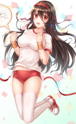 Rule 34 | 1girl, :d, absurdres, alternate costume, bandaid, black hair, blush, breasts, bruise, buruma, clenched hand, confetti, earrings, gym uniform, hair between eyes, headband, highres, injury, jewelry, jumping, long hair, looking at viewer, medium breasts, navel, note, open mouth, queen elizabeth (warship girls r), red buruma, red eyes, ribbon, smile, solo, sweat, sweatband, thighhighs, warship girls r, white thighhighs, zhou yu (ppaaqz1995)