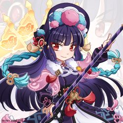 Rule 34 | 1girl, black hair, blunt bangs, capelet, commentary request, eyeshadow, genshin impact, hair ornament, hairband, highres, holding, holding polearm, holding weapon, hyny, lolita hairband, long hair, long sleeves, looking at viewer, makeup, polearm, red eyes, sidelocks, smile, solo, vision (genshin impact), weapon, yun jin (genshin impact), zoom layer