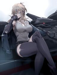Rule 34 | 1girl, armored core, armored core 5, black thighhighs, blonde hair, blue eyes, breasts, crossed legs, hair ornament, hairclip, hand on own face, highres, jacket, large breasts, las91214, looking at viewer, mecha, prosthesis, prosthetic arm, robot, sitting on mecha, tank top, thighhighs, thighs, toned, torn clothes, torn thighhighs, white background