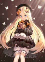 Rule 34 | 0v0 (l seohui), 1girl, abigail williams (fate), absurdres, animal, black bow, black dress, black hat, blonde hair, bloomers, blue eyes, blush, bow, bug, butterfly, closed mouth, commentary request, dress, fate/grand order, fate (series), forehead, hair bow, hat, highres, holding, holding stuffed toy, huge filesize, insect, long hair, long sleeves, looking at viewer, multiple hair bows, orange bow, parted bangs, polka dot, polka dot bow, revision, sleeves past fingers, sleeves past wrists, smile, solo, stuffed animal, stuffed toy, teddy bear, underwear, very long hair, white bloomers