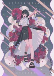 Rule 34 | 1girl, animal, arm up, black eyes, black footwear, black hair, black skirt, breast pocket, chinese commentary, cloud, collared shirt, constellation, copyright name, dated, flower, full body, grey eyes, happy birthday, highres, inplick, layered skirt, long hair, looking at viewer, midriff, official art, open mouth, petals, pink flower, pisces (constellation), pocket, qiao ling, rabbit, red shorts, red theme, sandals, shiguang dailiren, shirt, short sleeves, shorts, shorts under skirt, side slit, skirt, smile, solo, standing, standing on one leg, star (sky), star (symbol), teeth, upper teeth only, white shirt, white skirt