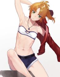 Rule 34 | 1girl, absurdres, bandeau, bare shoulders, belt, blonde hair, breasts, denim, denim shorts, fate/apocrypha, fate (series), green eyes, hair ornament, hakisou, highres, jewelry, long hair, looking at viewer, mordred (fate), mordred (fate/apocrypha), mordred (memories at trifas) (fate), navel, necklace, ponytail, scrunchie, shirt, short shorts, shorts, sidelocks, sitting, small breasts, solo, weapon