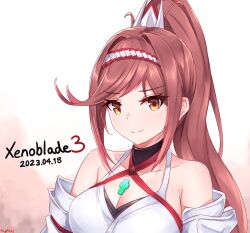 Rule 34 | 1girl, breasts, chest jewel, cleavage, dated, detached sleeves, glimmer (xenoblade), green eyes, hair ornament, headband, high ponytail, highres, kyl490, looking at viewer, medium breasts, red eyes, smile, solo, watermark, xenoblade chronicles (series), xenoblade chronicles 3, xenoblade chronicles 3: future redeemed
