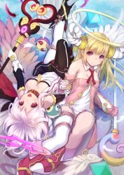 Rule 34 | 10s, 2girls, :d, albino, asymmetrical legwear, bad id, bad pixiv id, bare shoulders, belt, black footwear, black legwear, black skirt, blonde hair, boots, breasts, cleavage, closed mouth, collar, detached collar, detached sleeves, eve (merc storia), eyebrows, feathered wings, feathers, frills, fuu (merc storia), gloves, halo, heart, holding, holding hands, holding staff, horns, jacket, kyuuma (shimashima521), long hair, looking at viewer, lying, medium breasts, merc storia, multiple girls, neck ribbon, octahedron, on back, one-piece swimsuit, open mouth, orb, pantyhose, pillar, pink wings, pleated skirt, red eyes, red footwear, red ribbon, ribbed sleeves, ribbon, single thighhigh, sitting, skirt, sleeves past wrists, small breasts, smile, staff, strapless, swimsuit, thigh gap, thigh strap, thighhighs, uneven legwear, upside-down, white gloves, white hair, white legwear, white one-piece swimsuit, wings