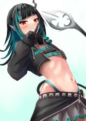 Rule 34 | 1girl, nanashi inc., absurdres, belt, belt bra, black gloves, black hair, black jacket, black skirt, blue background, blue belt, blue hair, blue panties, blush, chest belt, closed mouth, commentary request, cowboy shot, cropped jacket, demon girl, demon horns, demon tail, fang, flat chest, fooming, gloves, gradient background, grey skirt, highleg, highleg panties, highres, horns, jacket, layered skirt, long hair, long sleeves, looking at viewer, midriff, multicolored hair, navel, open clothes, open jacket, panties, pointy ears, red eyes, shishio chris, skin fang, skirt, smile, solo, sugar lyric, tail, two-tone hair, underwear, v, virtual youtuber, white background, zipper, zipper skirt