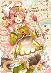 Rule 34 | 1girl, ;d, absurdres, animal ears, animal hat, blush, bow, candy, cat ears, cat hat, cat tail, checkerboard cookie, cookie, fang, flower, food, fruit, green eyes, hair bow, hairband, hat, highres, lolita fashion, lollipop, long hair, long sleeves, looking at viewer, necktie, niikura kaori, one eye closed, open mouth, original, pink hair, pointing, rainbow, sailor collar, smile, solo, strawberry, tail, teapot, very long hair