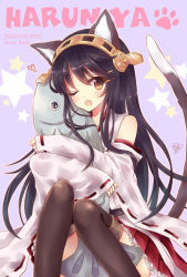 Rule 34 | 10s, 1girl, animal ears, bad id, bad pixiv id, bare shoulders, black hair, cat ears, cat tail, detached sleeves, fish, hairband, haruna (kancolle), heart, japanese clothes, kantai collection, kemonomimi mode, long hair, mamekosora, one eye closed, open mouth, personification, star (symbol), tail, thighhighs, wink