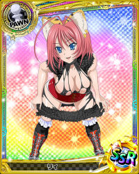 Rule 34 | 10s, 1girl, :d, animal ears, antenna hair, bent over, black dress, black thighhighs, blue eyes, boots, border, breasts, buckle, card (medium), character name, checkered background, chess piece, cleavage, cleavage cutout, clothing cutout, corset, covered erect nipples, cross-laced footwear, dress, earrings, frilled thighhighs, frills, fur trim, gradient background, hair between eyes, happy, high school dxd, jewelry, knee boots, large breasts, legs apart, looking at viewer, ni (high school dxd), no bra, official art, open mouth, over-kneehighs, panties, parted bangs, pawn (chess), pink hair, rainbow background, red footwear, runes, short dress, sideboob, skirt hold, sleeveless, sleeveless dress, slit pupils, smile, solo, sparkle, thighhighs, torn clothes, torn dress, trading card, turtleneck, underwear, white panties