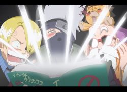 Rule 34 | 3boys, bald, beard, bleach, blonde hair, blood, blush, book, company connection, crossover, dragon ball, epic, facial hair, hair over one eye, hatake kakashi, holding, holding book, kon (bleach), ladygt93, letterboxed, male focus, multiple boys, mustache, muten roushi, naruto, naruto (series), nosebleed, one piece, open book, open mouth, sanji (one piece), short hair, shounen jump, silver hair, trait connection, translated