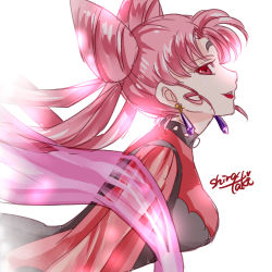 Rule 34 | 1girl, artist name, bishoujo senshi sailor moon, bishoujo senshi sailor moon r, black dress, black lady (sailor moon), chibi usa, collar, cone hair bun, crescent, crescent facial mark, crystal earrings, double bun, dress, earrings, facial mark, forehead mark, from side, hair bun, jewelry, lipstick, lowres, makeup, pink eyes, pink hair, pink scarf, profile, red lips, scarf, see-through, shirataki kaiseki, signature, solo, twintails, upper body