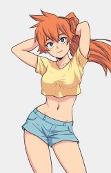 Rule 34 | 1girl, arms behind head, arms up, blue eyes, boku no hero academia, breasts, casual, female focus, highres, kendou itsuka, long hair, midriff, navel, orange hair, ponytail, round, shirt, short sleeves, shorts, smile, solo