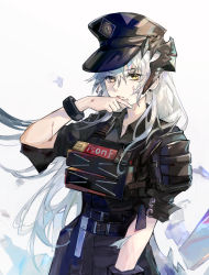 Rule 34 | 1girl, absurdres, arknights, arm up, belt, dragon girl, dragon horns, eyebrows hidden by hair, grey hair, hair between eyes, hat, highres, horns, long hair, looking at viewer, military, military hat, military uniform, official alternate costume, police, police hat, police uniform, qianzhu, saria (arknights), saria (the law) (arknights), simple background, solo, uniform, upper body, white background, yellow eyes
