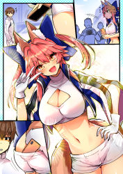 Rule 34 | 1girl, 4boys, ^^^, animal ear fluff, animal ears, ass, blue ribbon, breasts, brown hair, cellphone, cleavage, cleavage cutout, clothing cutout, commentary request, fang, fate/extella, fate/extra, fate/grand order, fate (series), fox ears, fox girl, fox tail, gloves, hair ribbon, hand on own hip, kishinami hakuno (male), large breasts, midriff, multiple boys, navel, official alternate costume, open mouth, phone, pink hair, race queen, ribbon, short hair, short shorts, shorts, skin fang, smartphone, tail, tamamo (fate), tamamo no mae (fate/extra), tamamo no mae (type-moon racing) (fate), white gloves, wisespeak, yellow eyes