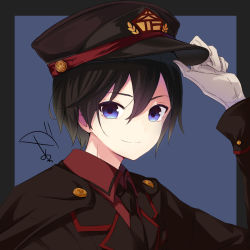 Rule 34 | &gt;:), 1boy, amagasa nadame, arm up, black background, black hair, black hat, black jacket, black necktie, blue background, blue eyes, closed mouth, collared shirt, commentary request, gloves, hair between eyes, hand on headwear, hat, highres, jacket, long sleeves, looking at viewer, male focus, military, military uniform, necktie, original, peaked cap, red shirt, shirt, signature, smile, solo, two-tone background, uniform, upper body, v-shaped eyebrows, white gloves