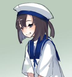 Rule 34 | 1girl, after suko, blue eyes, blue neckwear, blue sailor collar, blush, breasts, brown hair, daitou (kancolle), dress, green background, grin, hat, kantai collection, looking at viewer, medium breasts, one-hour drawing challenge, ponytail, sailor collar, sailor dress, sailor hat, short sleeves, simple background, smile, solo, white dress