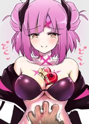 Rule 34 | 1girl, between breasts, black jacket, bow, box, breasts, brown eyes, cleavage, collarbone, double bun, hair bun, heart-shaped box, highres, hiron (hiron56987), jacket, macross, macross delta, macross delta: zettai live!!!!!!, medium breasts, off shoulder, open hand, pov, purple hair, short hair, smile, solo focus, yami makina, yellow bow