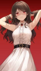 Rule 34 | 1girl, armpits, arms up, bad id, bad twitter id, bare arms, belt, black belt, brown hair, disgust, dress, eye contact, highres, long hair, looking at another, looking at viewer, lunacle, multicolored hair, original, parted lips, red background, red eyes, red hair, red theme, shaded face, simple background, sleeveless, solo, streaked hair, white dress