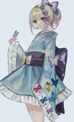 Rule 34 | 1girl, adapted costume, alternate costume, alternate hairstyle, blonde hair, blue bow, blue eyes, blue hair, blue kimono, bow, bug, butterfly, butterfly on hand, chouzetsusaikawa tenshi-chan, cowboy shot, frilled kimono, frills, hair bow, hand up, highres, insect, japanese clothes, kimono, long sleeves, looking at viewer, multicolored hair, needy girl overdose, obi, pink bow, pink hair, purple bow, purple sash, sanmanako, sash, short kimono, sidelocks, simple background, smile, solo, updo, wide sleeves, yellow bow, yellow butterfly