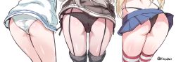 Rule 34 | 10s, 3girls, amatsukaze (kancolle), ass, ass focus, bad id, bad pixiv id, black panties, close-up, clothes lift, dress, from behind, garter straps, highleg, highleg panties, hiten (hitenkei), kantai collection, lace, lace-trimmed panties, lace trim, leaning forward, miniskirt, multiple girls, panties, pleated skirt, sailor dress, shimakaze (kancolle), skirt, skirt lift, striped clothes, striped legwear, striped thighhighs, thighhighs, thighs, thong, twitter username, underwear, white panties, wind, wind lift, yukikaze (kancolle)