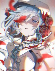 Rule 34 | 1girl, blood, blood on clothes, braid, breasts, cleavage, grey eyes, hair ornament, hood, hood up, hoodie, kyashii (a3yu9mi), looking at viewer, open mouth, petals, sad, sidelocks, signature, silver hair, sinoalice, snow white (sinoalice), solo, torn clothes, torn hoodie