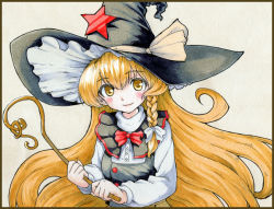 Rule 34 | 1girl, bad id, bad pixiv id, blonde hair, blush, bow, braid, buttons, capelet, hat, holding, kirisame marisa, long hair, long sleeves, red star, shiratama (hockey), side braid, simple background, smile, solo, star (symbol), touhou, traditional media, very long hair, wand, witch hat, yellow eyes