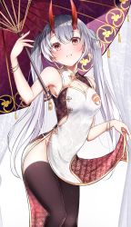 Rule 34 | 1girl, alternate hairstyle, armpits, black thighhighs, blush, bracelet, breasts, china dress, chinese clothes, cleavage, cleavage cutout, clothes lift, clothing cutout, commentary request, curtains, dress, dress lift, fate/grand order, fate (series), grey hair, hair between eyes, hamaken. (novelize), heroic spirit traveling outfit, highres, holding, holding umbrella, horns, jewelry, legs, lifting own clothes, long hair, mitsudomoe (shape), oil-paper umbrella, oni horns, parasol, red eyes, red horns, side slit, sleeveless, sleeveless dress, solo, thighhighs, tomoe (symbol), tomoe gozen (fate), tomoe gozen (traveling outfit) (fate), twintails, umbrella, very long hair, white dress