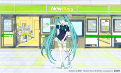 Rule 34 | 1girl, aqua hair, belt, commentary request, contrapposto, convenience store, crypton future media, closed eyes, glass door, hatsune miku, kamogawa (kamogawa sodachi), long hair, official art, open mouth, outstretched arm, partial commentary, pleated skirt, poster (object), shirt, shoes, shop, skirt, sliding doors, smile, sneakers, solo, thighhighs, twintails, very long hair, vocaloid, white skirt, white thighhighs, wide shot